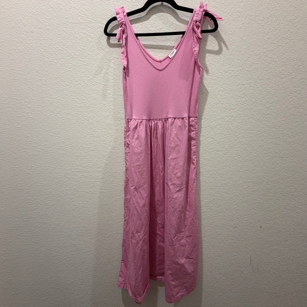 J.Crew Pink Ribbed Knit Poplin Mixed Media Tie Shoulder Midi Dress Small